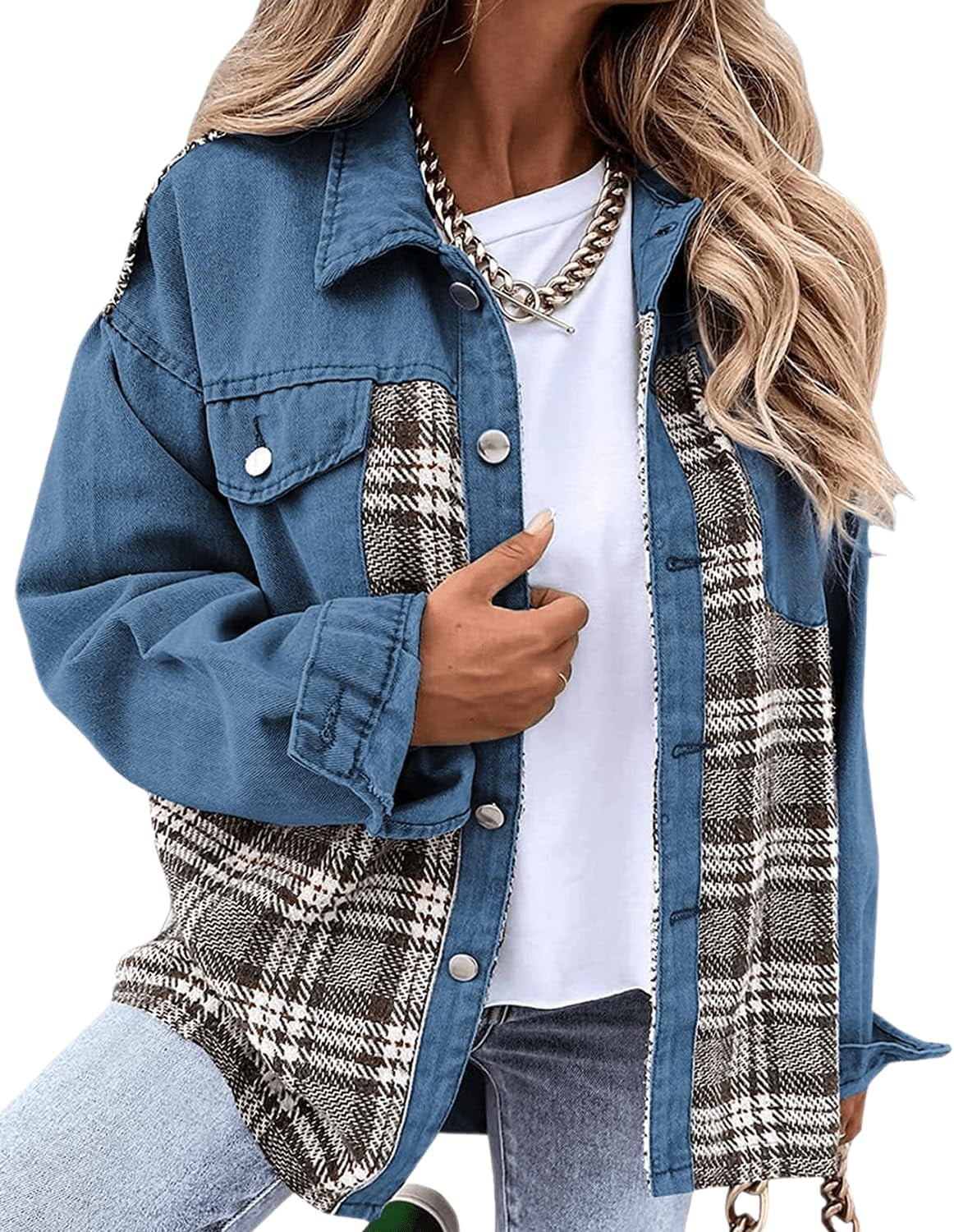 YMING Women's Oversized Plaid Shacket - Button Down Lapel Long Jacket With Pockets | Boyfriend Style, Wool Blend