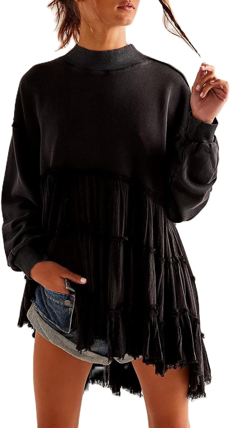Yihaojia Women's Oversized Patchwork Sweatshirt Dress - Mock Neck Long Sleeve Pullover - Flowy Mini Dress Tops - View #2