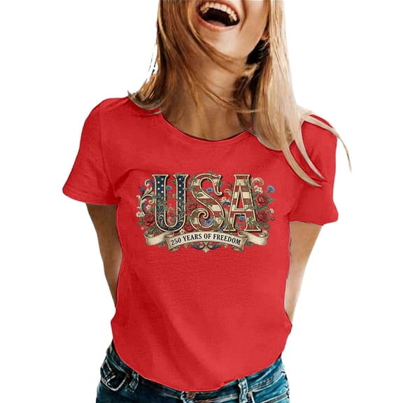 Puliio 250th Anniversary USA Tee Women's USA 250 Years of Freedom Floral American Flag Graphic Patriotic T-Shirt Crewneck 4th of July Tshirt