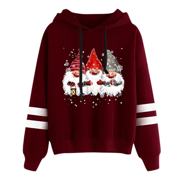 Puliio Christmas Cartoon Watercolor Print Striped Sleeve Hoodies for Women Festive Long Sleeve Pullover Hooded Sweatshirts