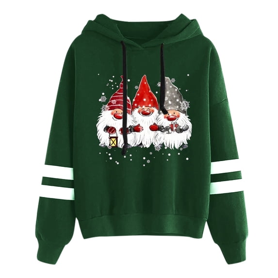 Puliio Christmas Cartoon Watercolor Print Striped Sleeve Hoodies for Women Festive Long Sleeve Pullover Hooded Sweatshirts