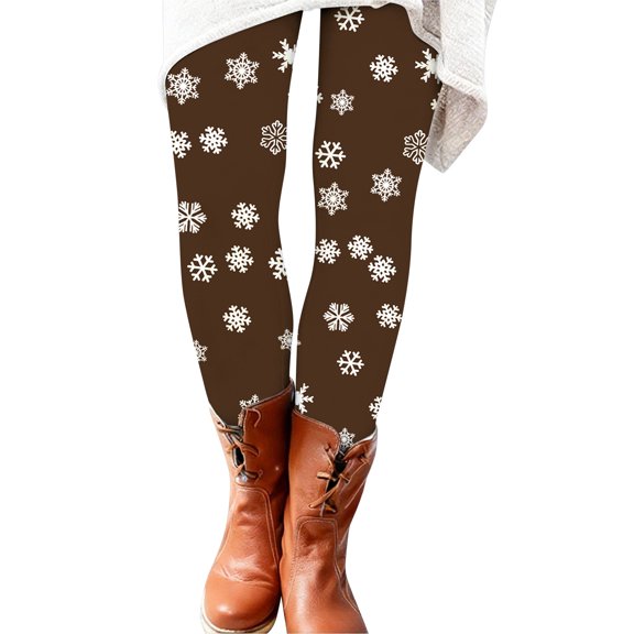 Puliio Christmas Leggings For Women Snowflake Print Elastic Waist Tights Winter Soft Comfy Ankle Length Tummy Control Leggings,Coffee,S
