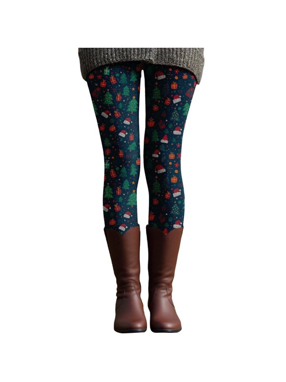 Christmas Leggings For Women High-Rise Tummy Tuck Glitter Reindeer Tree Pattern Thermal Soft Elastic Waistband Tights Ladies Holiday Events Casual Comfortable Ankle Leggings,Green,XXL
