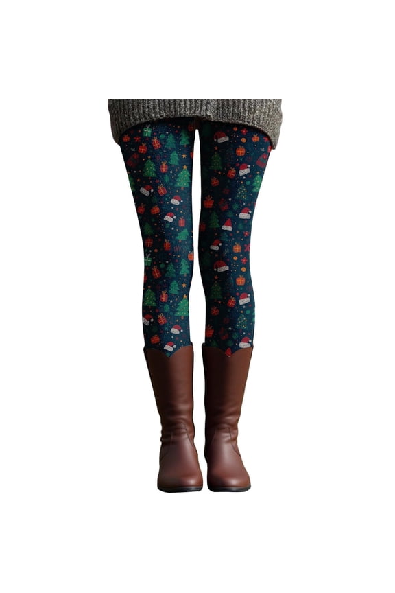 Christmas Leggings For Women High-Rise Tummy Tuck Glitter Reindeer Tree Pattern Thermal Soft Elastic Waistband Tights Ladies Holiday Events Casual Comfortable Ankle Leggings,Green,L