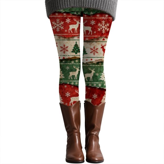 Puliio Christmas Leggings For Women Holiday Season High Waist Soft Stretchy Casual Wear Thermal Opacity Pants Winter Soft Comfy Stretchy Tummy Control Yoga Workout Running Leggings,Red,XXL