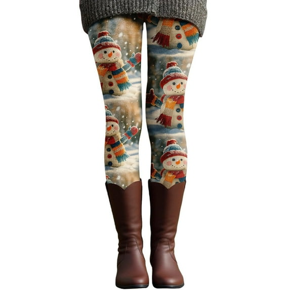 Puliio Christmas Leggings For Women Xmas Snowman Printed Holiday Cozy Comfort Stretch Soft High Waist Pants Winter Warm Thermal Leggings Casual Wear Everyday Tights,White,S