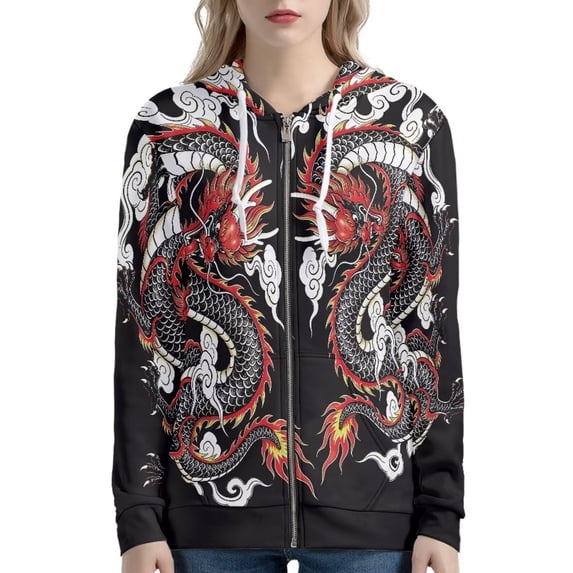 Puliio Crow And Rose Print Full Zip Hoodies for Women Gothic Long Sleeve Sweatshirt Jacket with Kangaroo Pockets