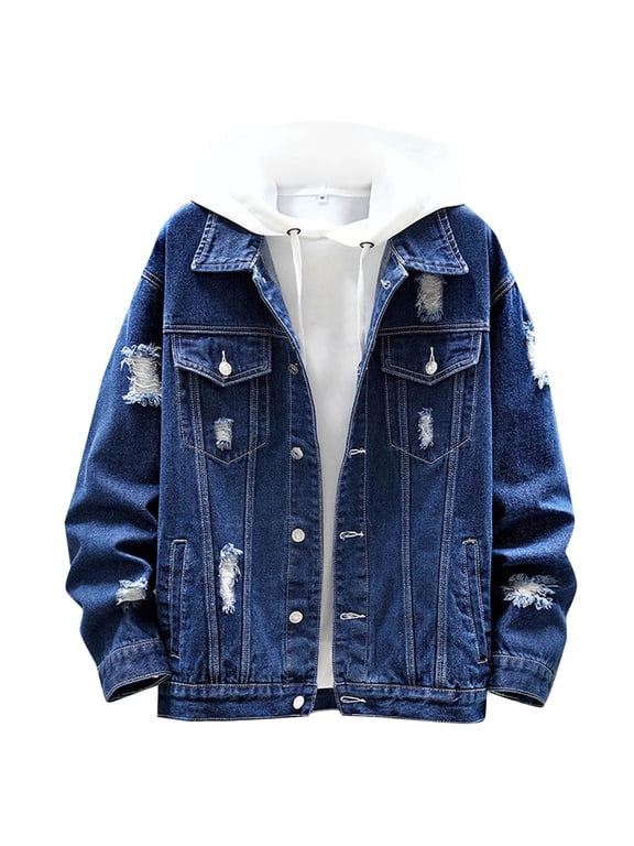 Denim Jackets for Men Distressed Ripped Design Button Down Removable Hood Layered Pullover Tops Vintage Street Sweatshirt