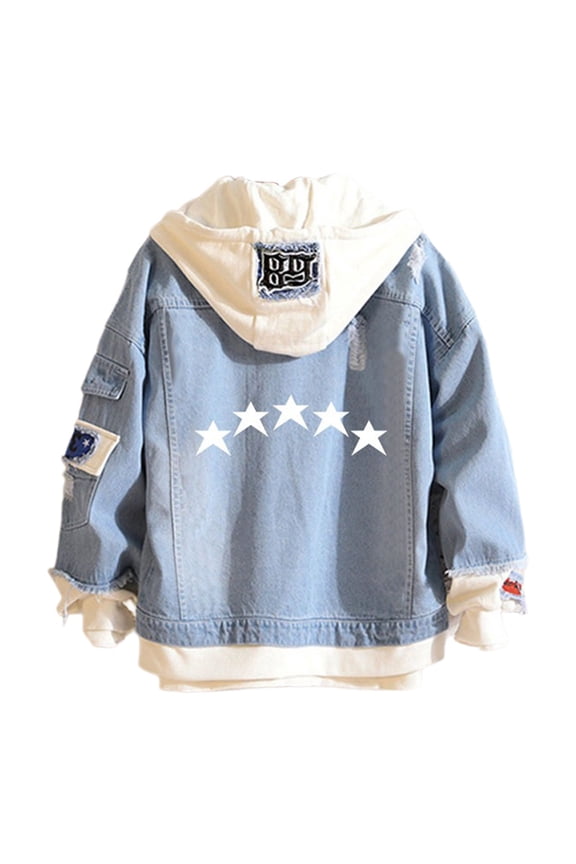 Denim Jackets for Men Distressed Ripped Hood Star Back Graphic Long Sleeve Pullover Tops Grunge Layer Sweatshirt