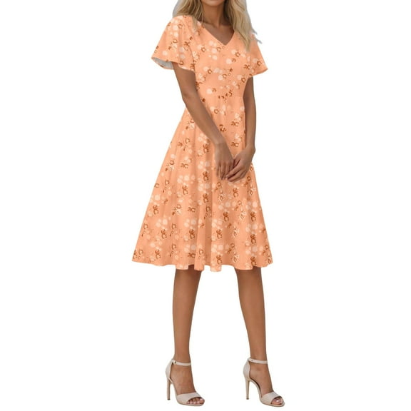 Puliio Dresses For Women V Neck Boho Floral Short Sleeve Flowy Maxi Dress Beach Knee Length Summer Sexy Date Night Dresses