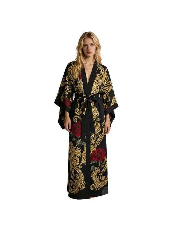 Elegant Floral Print Boho Bathrobe for Women Maxi Length Wrap Tie Waist Open Front Robe Soft Comfortable Home Wear Casual Loungewear