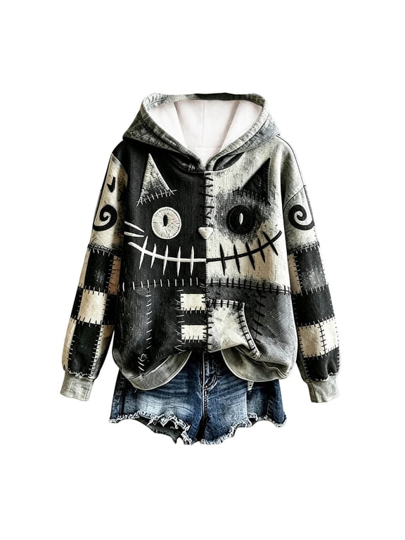 Grunge Halloween Hoodie for Women Patchwork Face Graphic Long Sleeve Drawstring Pullover Fall Casual Sweatshirt with Pocket