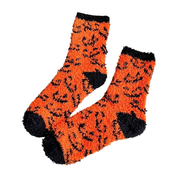 Puliio Halloween Fuzzy Crew Socks for Owmens Winter Warm Thick Pumpkin Ghost Print Cozy Home Sleep Socks