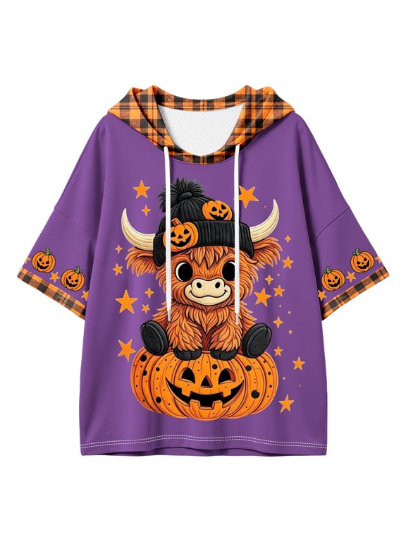 Halloween Hoodies for Women Highland Cow Pumpkin Print 3/4 Sleeve Drawstring Hooded Jacket Fall Casual Sweatshirt