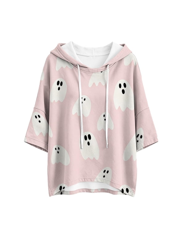 Halloween Hoodies for Women Simple Ghost Print 3/4 Sleeve Drawstring Pullover Jacket Fall Minimalist Sweatshirt