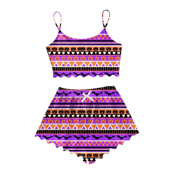 Puliio Halloween Pajamas Women's 2Pc Set Ghost Print Cami Crop Top and Scalloped Shorts Set Loose Comfy Pjs Sets Soft Holiday Loungewear