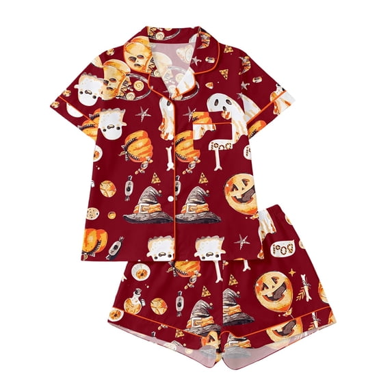 Puliio Halloween Women's Pajamas Set Pumpkin Ghost Print Short Sleeve Button Down Nightwear 2 Piece Cozy Loungewear Sleepwear Pjs Sets