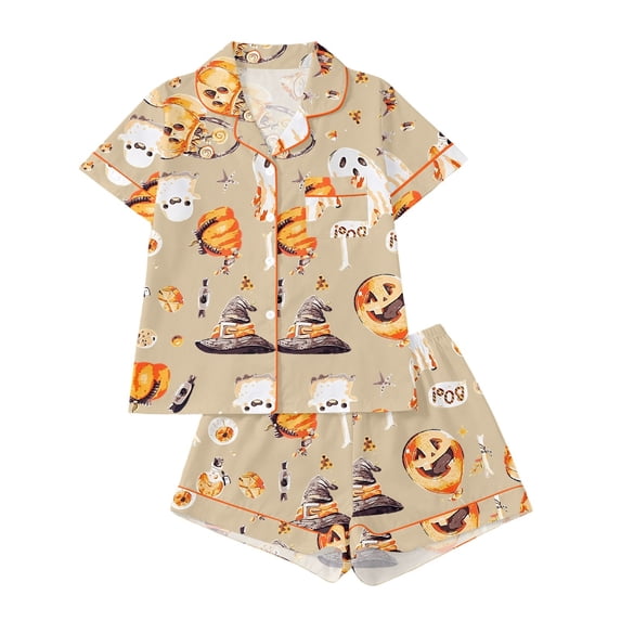 Puliio Halloween Women's Pajamas Set Pumpkin Ghost Print Short Sleeve Button Down Nightwear 2 Piece Cozy Loungewear Sleepwear Pjs Sets