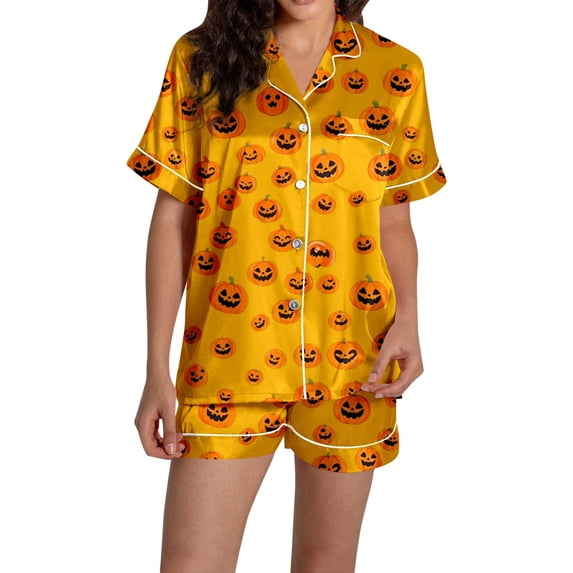 Puliio Halloween Womens Pajamas 2 Piece Set Pumpkin Print Short Sleeve Button Down Loungewear Cozy Shorts Nightwear Sets with Pocket