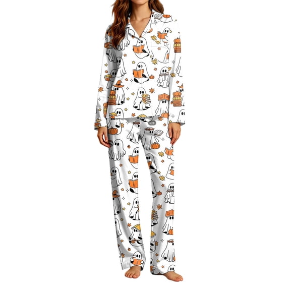 Puliio Halloween Womens Pajamas Set Ghost Print Long Sleeve Notch Collar Nightwear 2 Piece Cozy Sleepwear Loungewear Pjs Sets