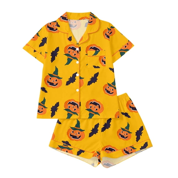Puliio Halloween Womens Pajamas Set Pumpkin Print Short Sleeve Button Down Nightwear 2 Piece Cozy Sleepwear Loungewear Pjs Sets