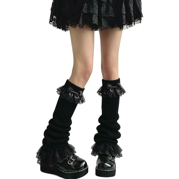 Puliio Lace Bow Slouch Leg Warmers for Women Ribbed Knit Hosiery Fashion Knee High Socks
