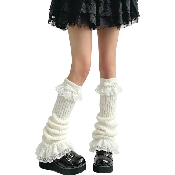Puliio Lace Bow Slouch Leg Warmers for Women Ribbed Knit Hosiery Fashion Knee High Socks