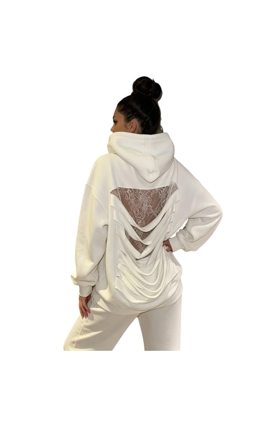 Lace Patchwork Backless Oversized Solid Hoodies for Women Gothic Long Sleeve Pullover Hooded Sweatshirts