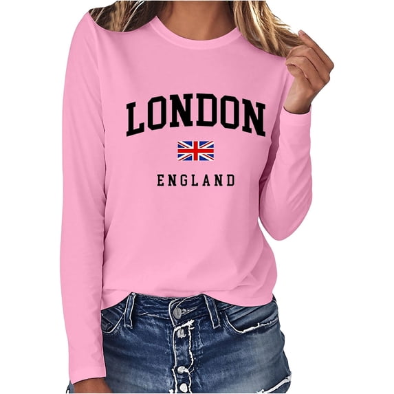 Puliio Long Sleeve Graphic Tees for Womens London Print Crew Neck T Shirts Casual Loose Fall Tops