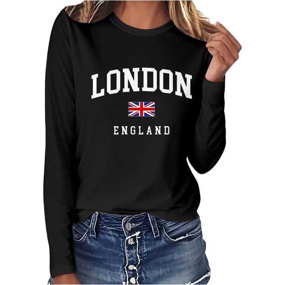 Puliio Long Sleeve Graphic Tees for Womens London Print Crew Neck T Shirts Casual Loose Fall Tops