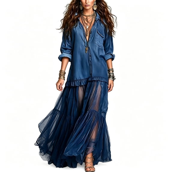 Puliio Maxi Dresses for Women Long Sleeve Denim Shirt Top Mesh Ruffle Tiered Flowy Boho Dress