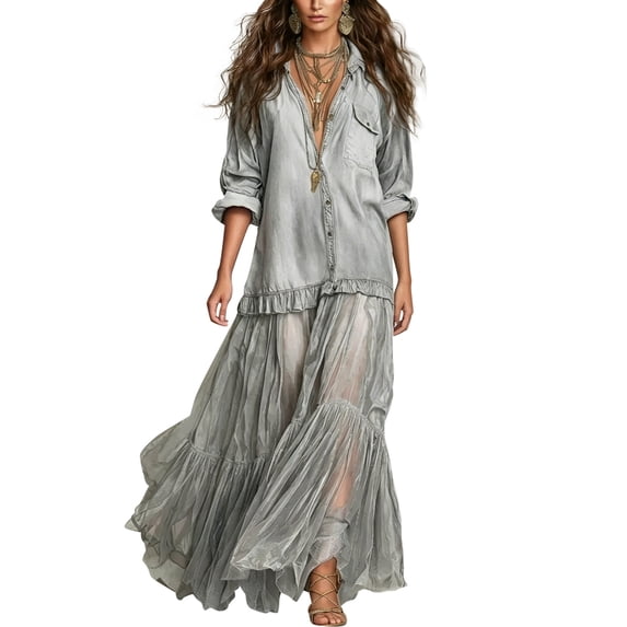 Puliio Maxi Dresses for Women Long Sleeve Denim Shirt Top Mesh Ruffle Tiered Flowy Boho Dress