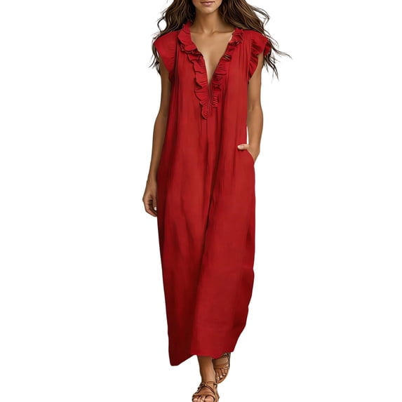 Puliio Maxi Dresses for Women Sleeveless V Neck Ruffle Loose Casual Dress with Pockets