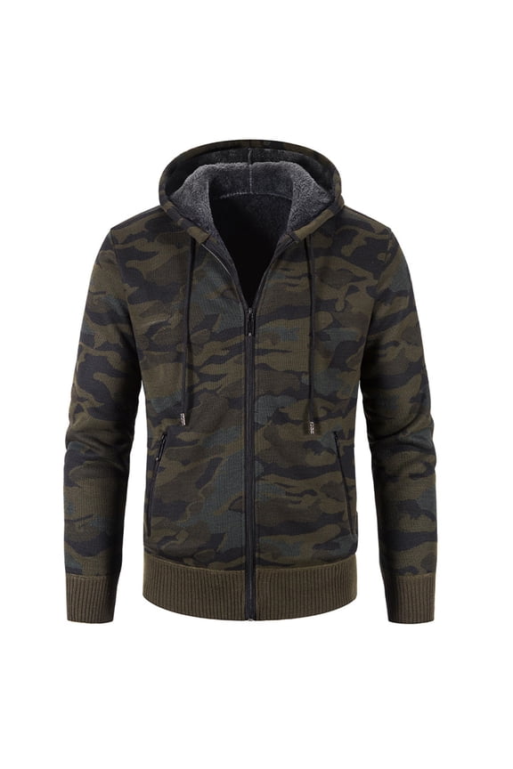 Men's Camouflage Print Lined Full Zip Hooded Jacket Drawstring Side Zip Pocket Long Sleeve Pullover Outdoor Work Sweatshirts With Pocket