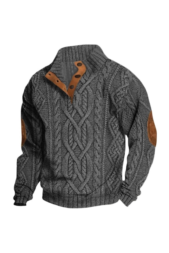 Men's Diamond Cable Knit Henley Pullover Suede Elbow Patch Button Collar Long Sleeve Sweatshirt Fall Office Pullover Tops