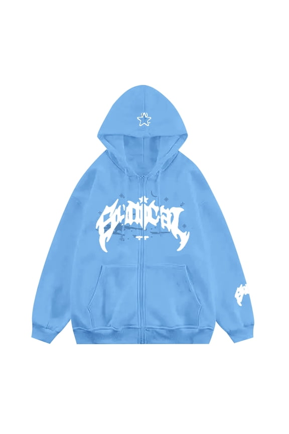 Men's Gothic Star Letter Full Zip Hooded Jacket Drawstring All Over Print Long Sleeve Pullover Y2K Grunge Sweatshirts With Pocket