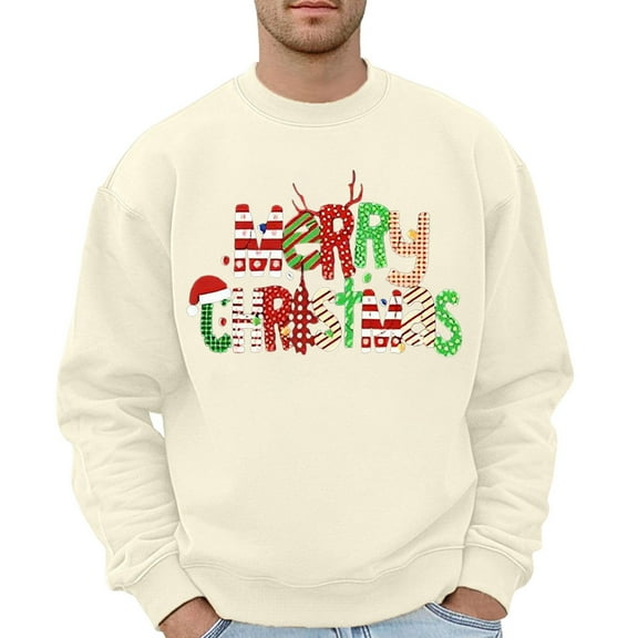 Puliio Men's Hoodless Sweatshirts Christmas Graphic Print Long Sleeve Round Neck Pullover Fasionable Comfy Loose Festive Hoodie No Hood Sweatshirt For Mens
