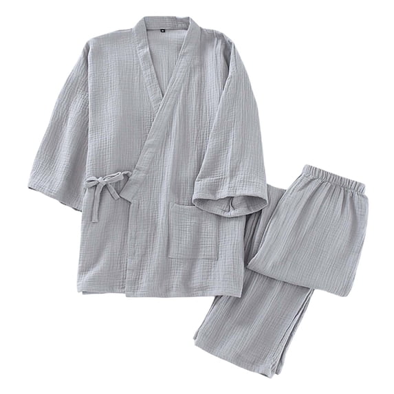 Puliio Men's Japanese Style Cotton Pajamas Set Wrap Top & Pants Soft Loungewear Sets 2-Piece for Men
