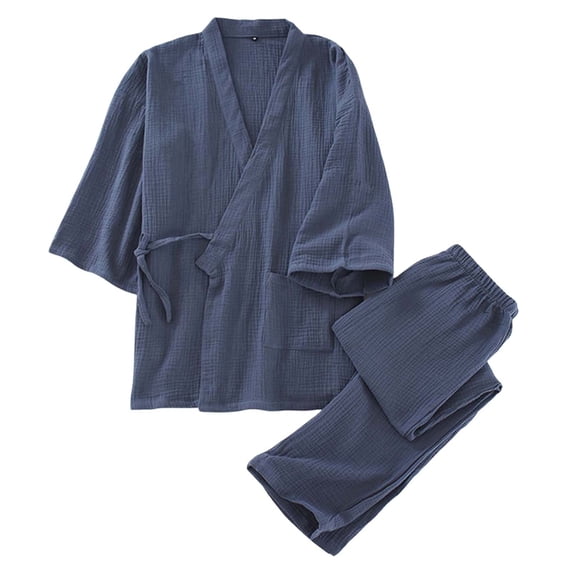 Puliio Men's Japanese Style Cotton Pajamas Set Wrap Top & Pants Soft Loungewear Sets 2-Piece for Men