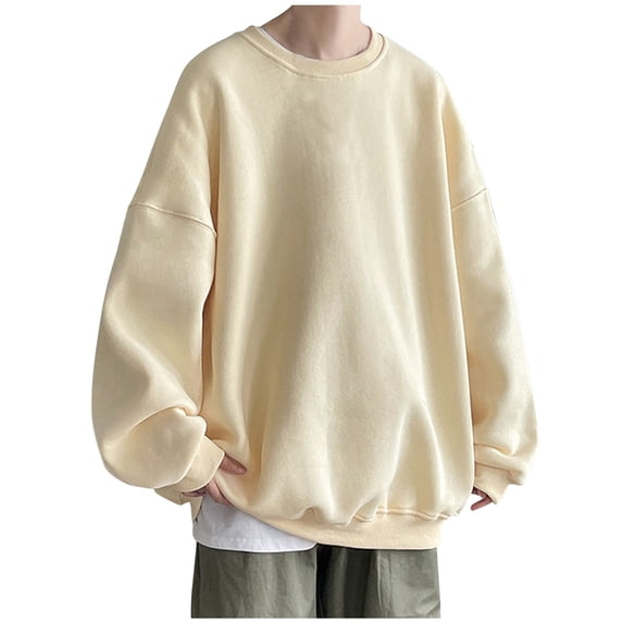 Puliio Men's Oversized Drop Shoulder Solid Crewneck Pullover Layered Hem Soft Long Sleeve Sweatshirt Daily Basic Pullover Tops