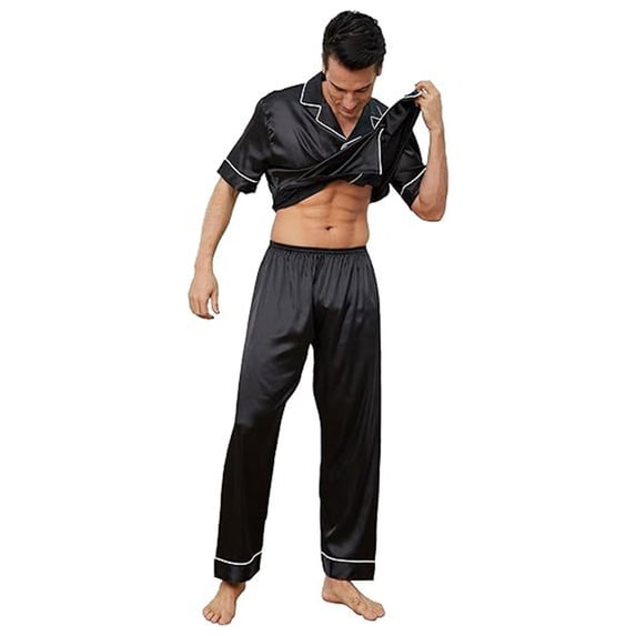Puliio Men's Satin Pajamas Set Short Sleeve Button Top & Pants Sleepwear Sets 2-Piece