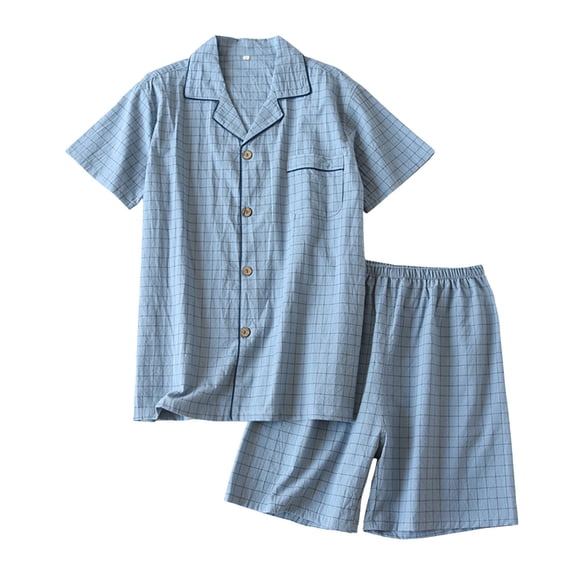 Puliio Men's Summer Plaid Print Pajamas Set Short Sleeve Button Top & Shorts With Pockets Nightwear Sets 2-Piece