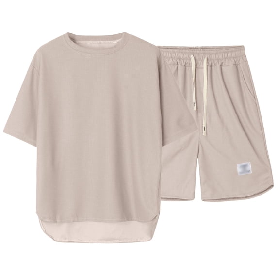 Puliio Men's Summer Waffle Knit Pajamas Set Short Sleeve Crew Neck Top & Shorts With Pockets Sleepwear Sets 2 Piece