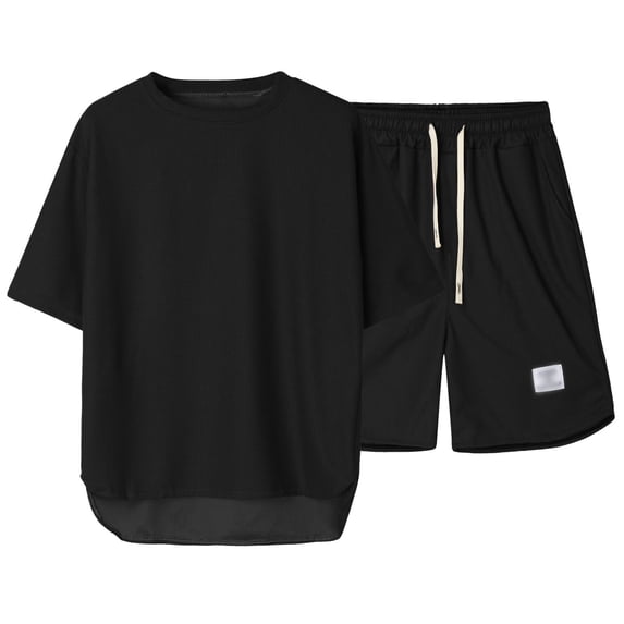 Puliio Men's Summer Waffle Knit Pajamas Set Short Sleeve Crew Neck Top & Shorts With Pockets Sleepwear Sets 2 Piece