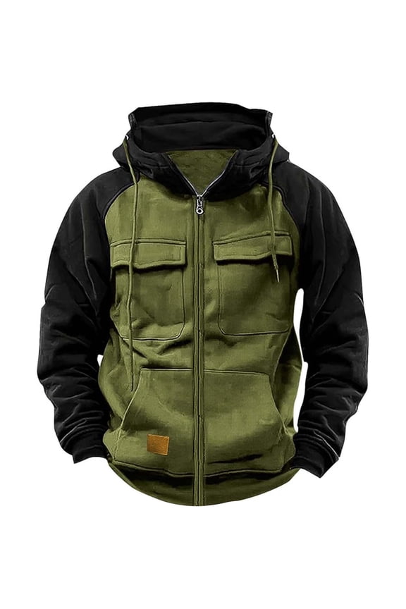 Men's Two Tone Raglan Cargo Zip Up Hooded Jacket Dual Patch Pocket Drawstring Long Sleeve Pullover Workwear Sweatshirts With Pocket