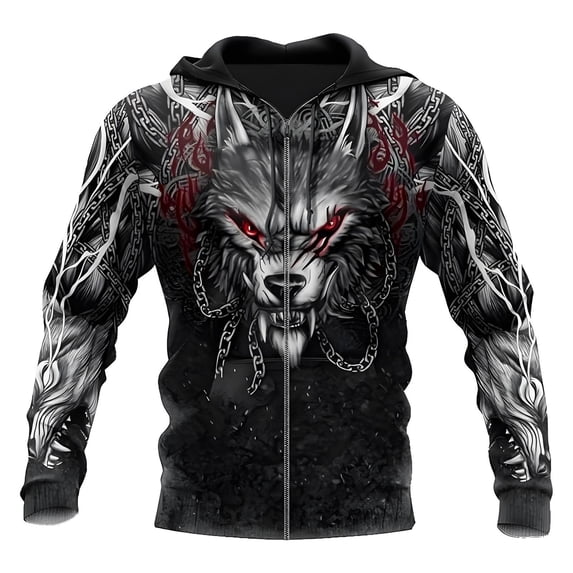 Puliio Men's Viking Zip Up Hooded Jacket Heavy Fleece Sweatshirt Dark Chain Wolf Graphic Grunge Street Outerwear With Pocket