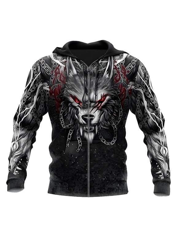Men's Viking Zip Up Hooded Jacket Heavy Fleece Sweatshirt Dark Chain Wolf Graphic Grunge Street Outerwear With Pocket