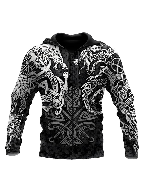 Men's Viking Zip Up Hooded Jacket Soft Fleece Sweatshirt Dragon Celtic Knot All Over Print Vintage Tribal Outerwear With Pocket