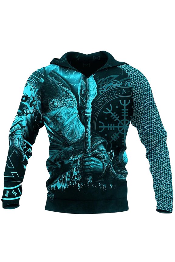 Men's Viking Zip Up Hooded Jacket Thick Fleece Sweatshirt Elder Raven Chainmail Rune Print Dark Tribal Outerwear With Pocket