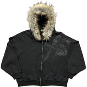 Puliio Mens Vintage Dark Zip Up Hooded Jacket Faux Fur Trim Distressed Long Sleeve Pullover Y2K Streetwear Sweatshirts With Pocket